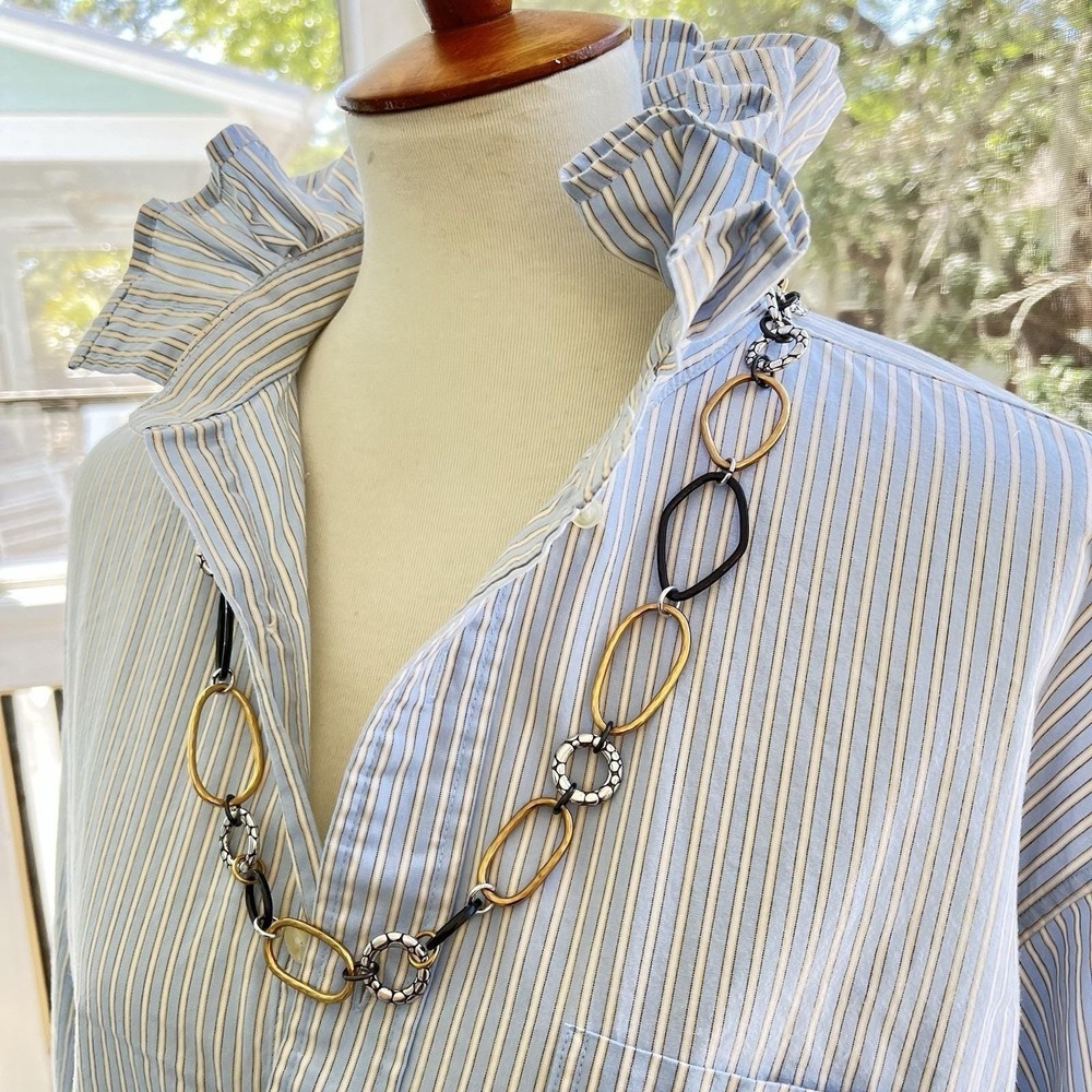 Upcycled Coastal Chic Izod Sky & Yellow Pinstripe Ruffle Collar Crop Shirt L